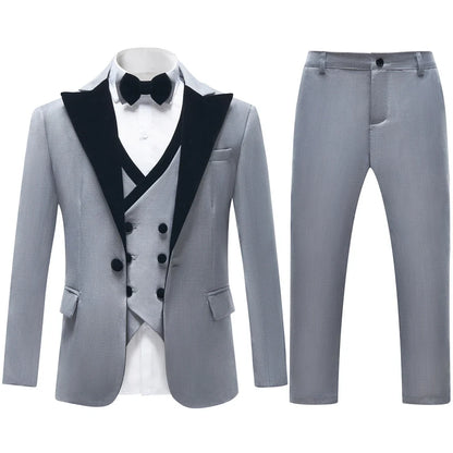 Boys Three-Piece Formal Suit Set with Velvet Collar for Weddings & Special Occasions