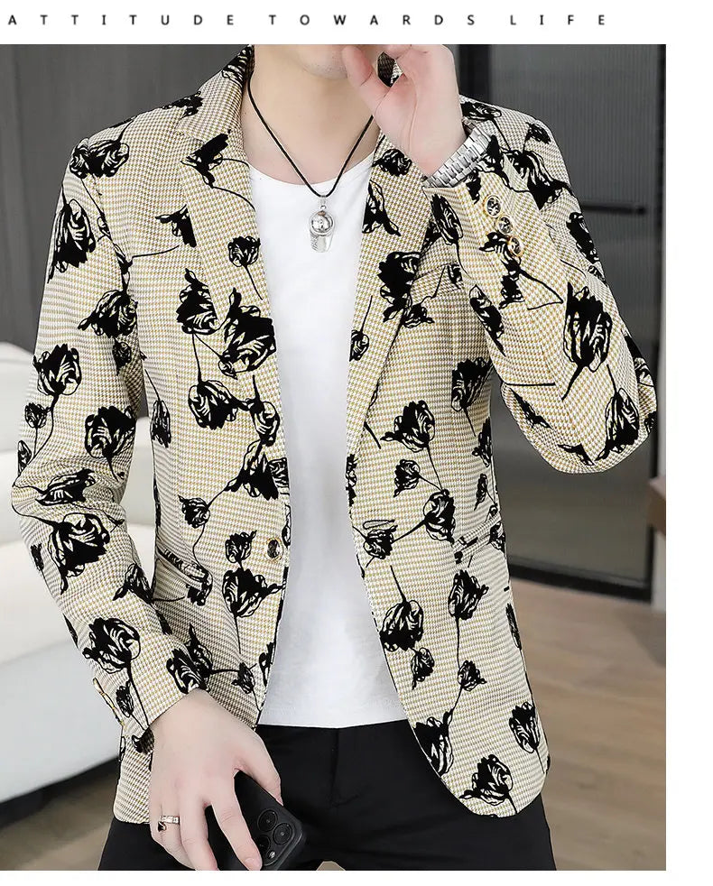 Blazer: Outdoor Fashion Business Gentleman Print Wedding Host Campus Slim-fit Casual Korean-style Youthful Versatile Men Blazer