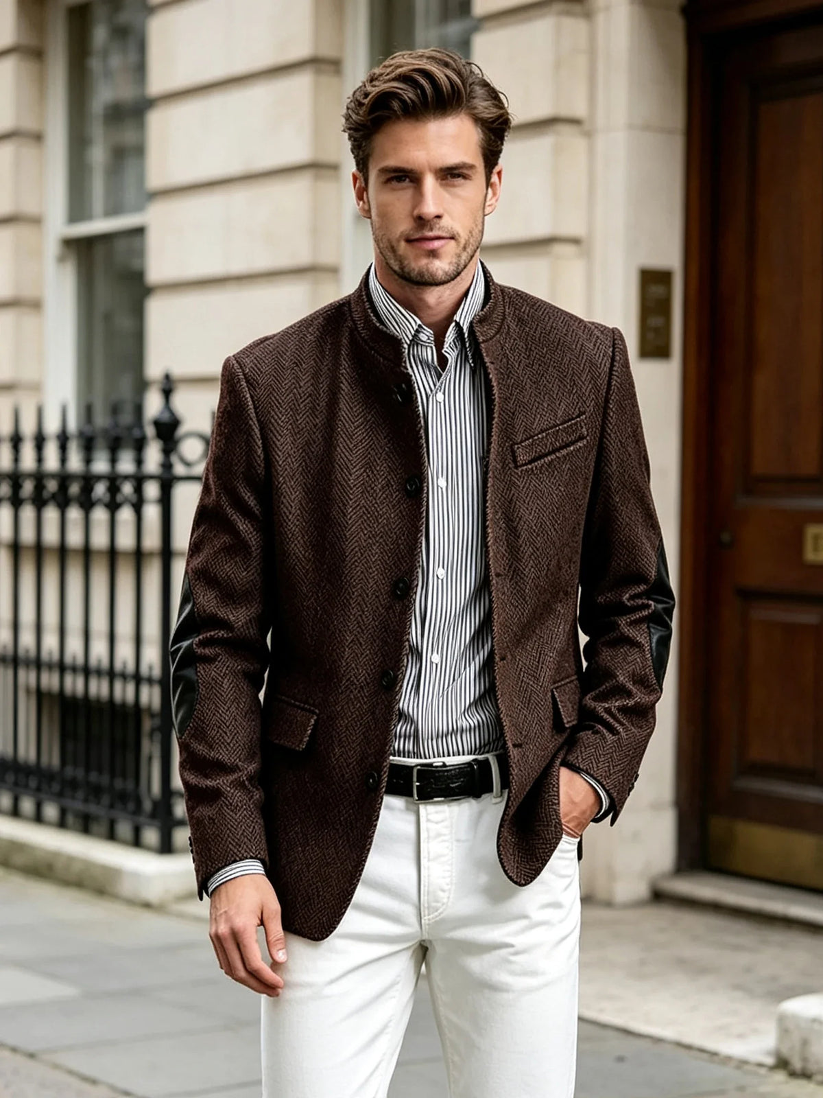 Vintage Men's Mandarin Collar Herringbone Tweed Blazer with Leather Elbow Patch Wool Blend Business Casual Slim Fit Suit Jackets