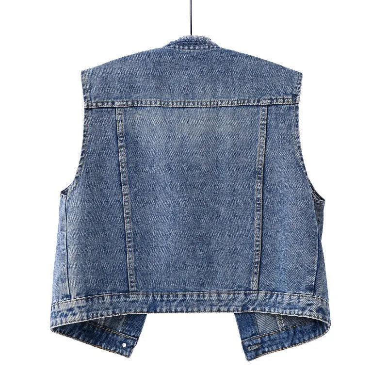 Women Denim Vest Coat Rough O Neck Vintage Short Sleeveless Jacket Female Cowboy Waistcoat Casual Tops Chaleco Mujer Outerwear