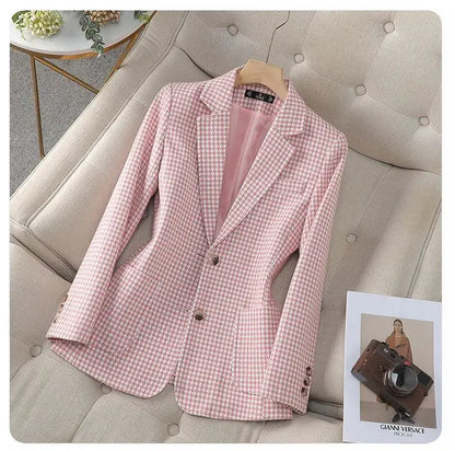 Women Office Ladies Single Breasted Slim Blazer Coat Autumn Winter Fashion Plaid Temperament Long Sleeved Elegant Tops Vacation