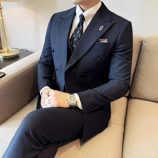 Korean Slim Fitt Wedding Suit Fashion Striped Double Breasted Suit 3 Piece Set Business Formal Casual Party Prom Host Suits