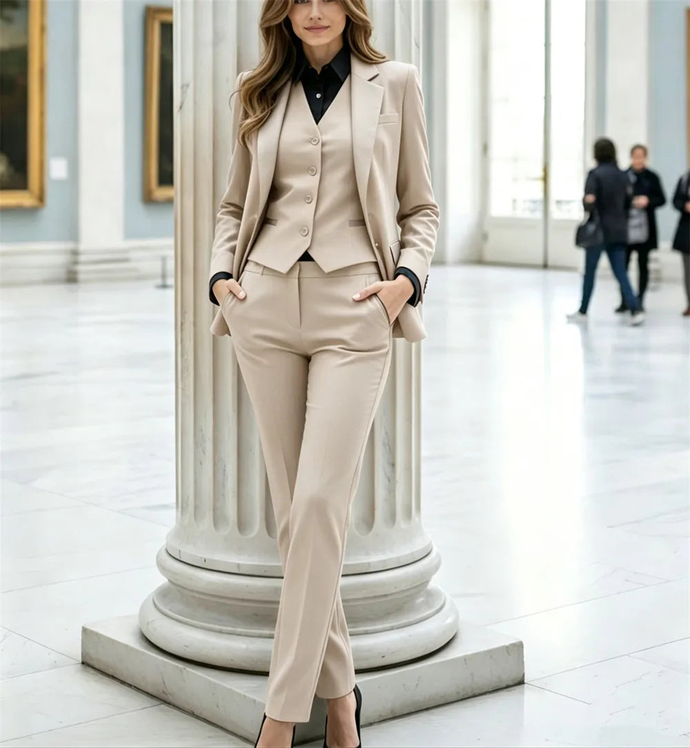 Beige Women’s Suits 3-Piece Ladies Suit Office Wear Traje Mujer Elegant Pantsuit Tuxedo Style Business Suit