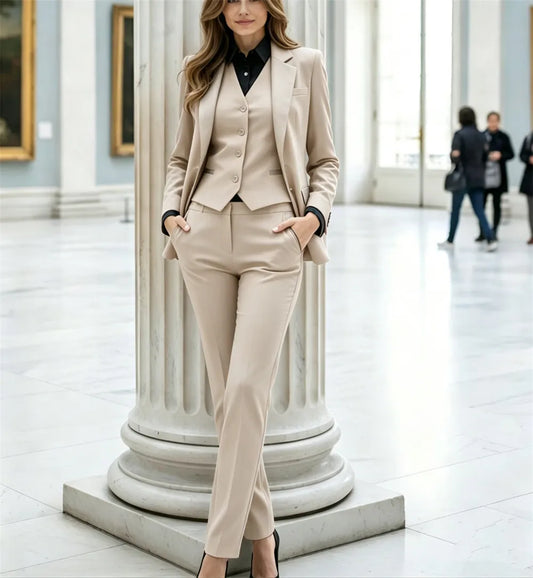 Beige Women’s Suits 3-Piece Ladies Suit Office Wear Traje Mujer Elegant Pantsuit Tuxedo Style Business Suit