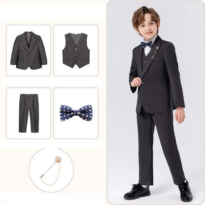Gentleman Kids Slim 4Pieces/Set Jacket Vest Pants Bowtie Party Dress Children Ceremony Photograph Suit Boys Performance Costume