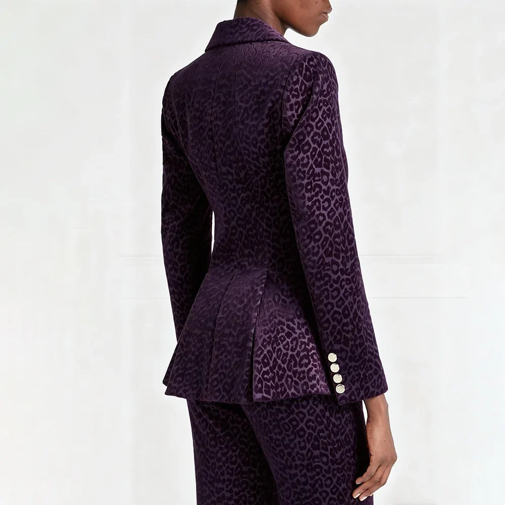 Exquisite Women's Purple Leopard Print Velvet Suit Luxury Double Breasted Evening Party Outfit Formal 2-Piece Jacket Pants Set