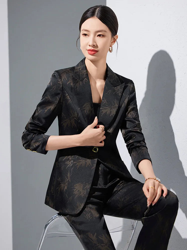 Two-Piece Leaf Print Blazer Pantsuits Set for Women Office Ladies Business Single Buttons Formal Spring Autumn Trousers Suit