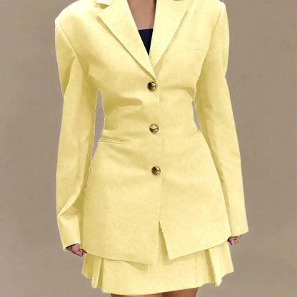 Women's Pleated Skirt Suit Set 2025 2Pieces(Tailored Blazer&High Waist Skirt) Office Chic Single-breasted Notch Lapel Outfit