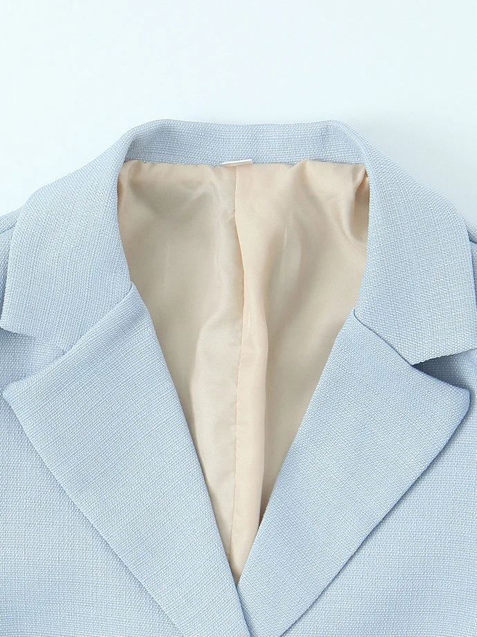 Spring Commuter Style Short Blue Suit Jacket Women's Fashionable Versatile Single Button Flip Collar Top Thin Long Sleeve