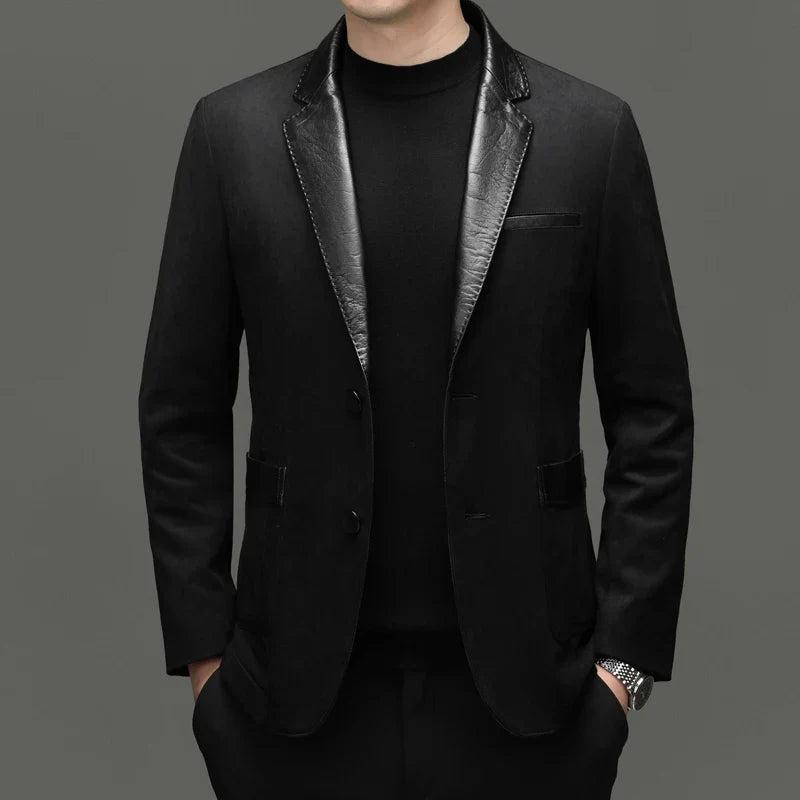 Men's Blazer Suede Cowhide Patchwork Single Breasted Smart Casual Autumn Winter