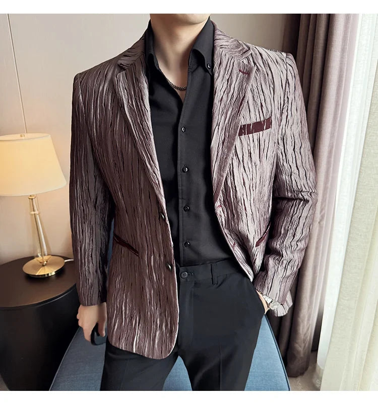 Korean Trend 3D Pleated Suit Jacket for Men Wedding Groom Business Dress Jacket Casual Banquet Party Host Blazer Masculino