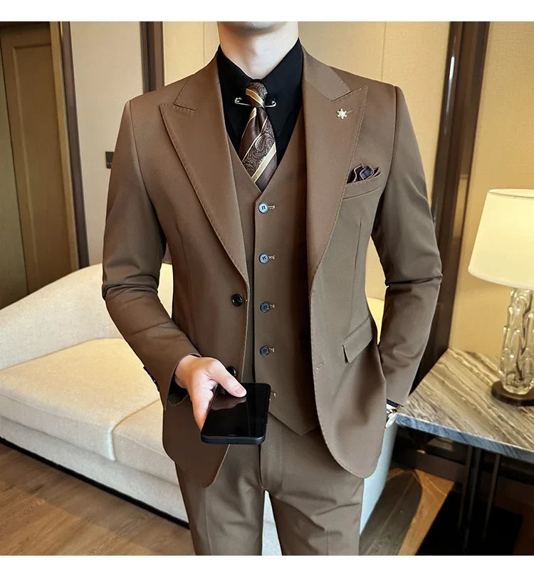 (Blazer + Vest + Trousers) 2024 New Men Formal Business Solid Suit 3 Pieces Set Italian Style Luxury Wedding Social Party Tuxedo