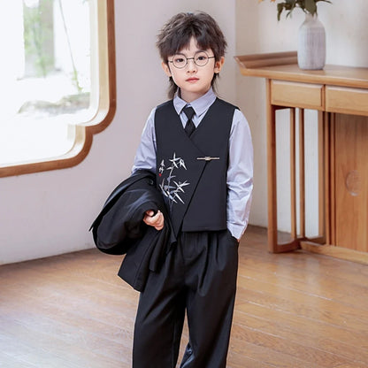 High Quality Embroidery Suit Set 4 Pieces For Kids Piano Performance,Handsome Double Breasted Boys Suits Photography Wear