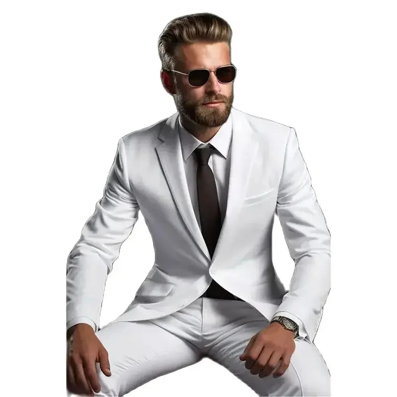 Chic White Men Suits Formal Single Breasted Notch Lapel Skinny 2 Piece Jacket Pants Outfit Gentlemen Office Male Clothing Blazer