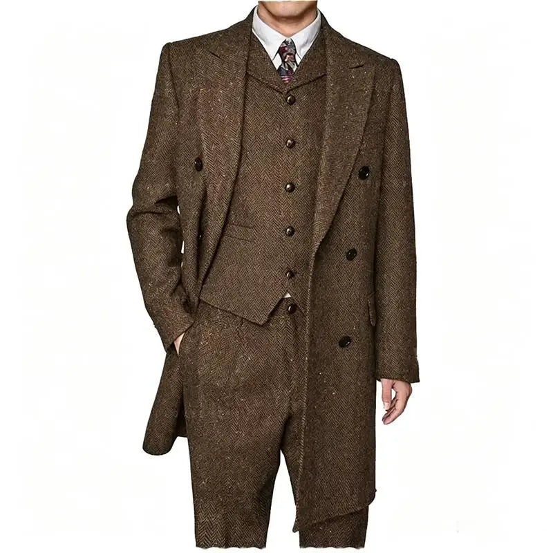 Men Vintage Herringbone Tweed 3 Piece Suit Double Breasted Overcoat Vest Pants Wedding Busines British Style Wool Blend Suit Set