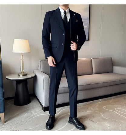 Men's 3 Piece Suit Set Double‑Button Solid Color Slim Fit Business Casual Wedding Banquet Party Jacket Vest Pants Formal Outfit