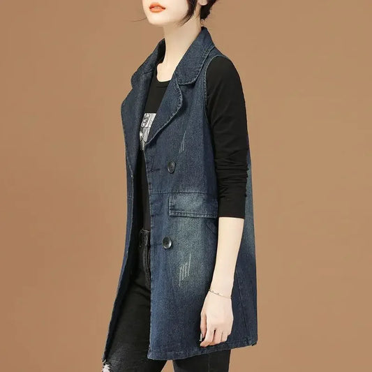 Women Long Denim Vest 2025 Autumn Korean Fashion Double Breasted Ripped Jeans Jacket Waistcoat Female Casual Sleeveless Outwear