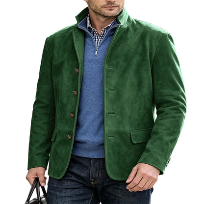 Men's Suede Blazer Single Breasted Slim Fit Classic Stand Collar Suit Jacket for Weddings & Daily Wear
