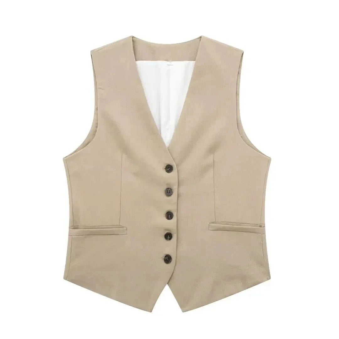Summer Women Elegant Solid Single Breasted V Neck Casual Vest Top Female Fashion Office Lady Chic Outerwear Vest