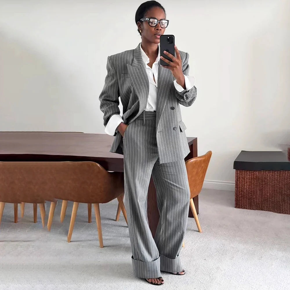 Neutral Gray Pinstripe Oversized Matching Sets Double Breasted Women's Suit Casual Formal 2-Piece(Jacket+Pants) Office Set