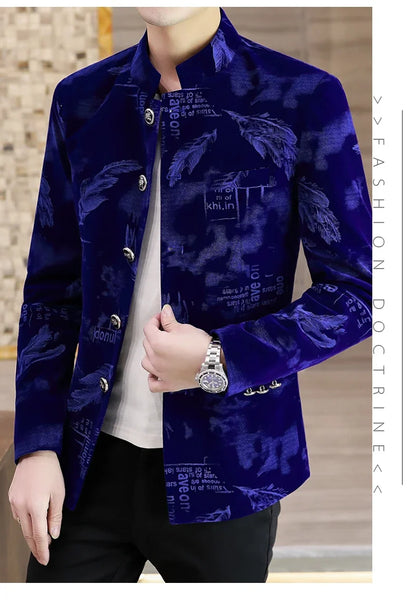 Luxury Retro Velvet Suit Jacket for Men Fashion Slim Fit Stand Collar Blazer Masculino Casual Business Wedding Dress Coat 2023