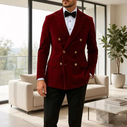 Men's Velvet Blazer Double Breasted Slim Fit with Gold Buttons for Wedding & Formal Occasions