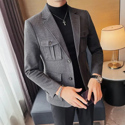 Winter Woolen Suit Jacket for Men Multiple Pockets Slim Fit Casual Business Blazers Masculino Wedding Streetwear Social Coats