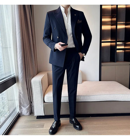 (Blazer + Trousers) Fashion Double Breasted Design Slim Men's Suit Italian Style Luxury Wedding Social Party Tuxedo 2 Piece Set
