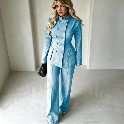 Women‘s Dark Blue Denim 2-Piece Suit Set Tailored Double Breasted Stand Collar Smart Casual Streetwear Chic Daily Outfits