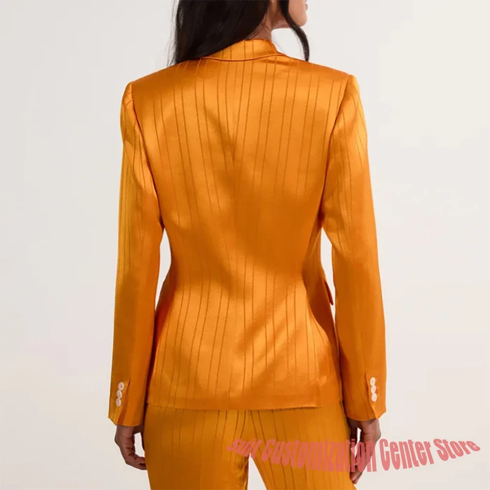 Orange Satin Pinstripe Double Breasted Blazer Suit Women's Office Workwear Tailored Jacket with Pants Elegant Business Set