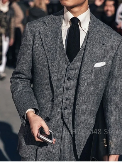 3 Piece Dark Grey Mens Tweed Herringbone Wedding Suits Slim Fit Prom Tuxedos Notch Lapel Blazer for Business