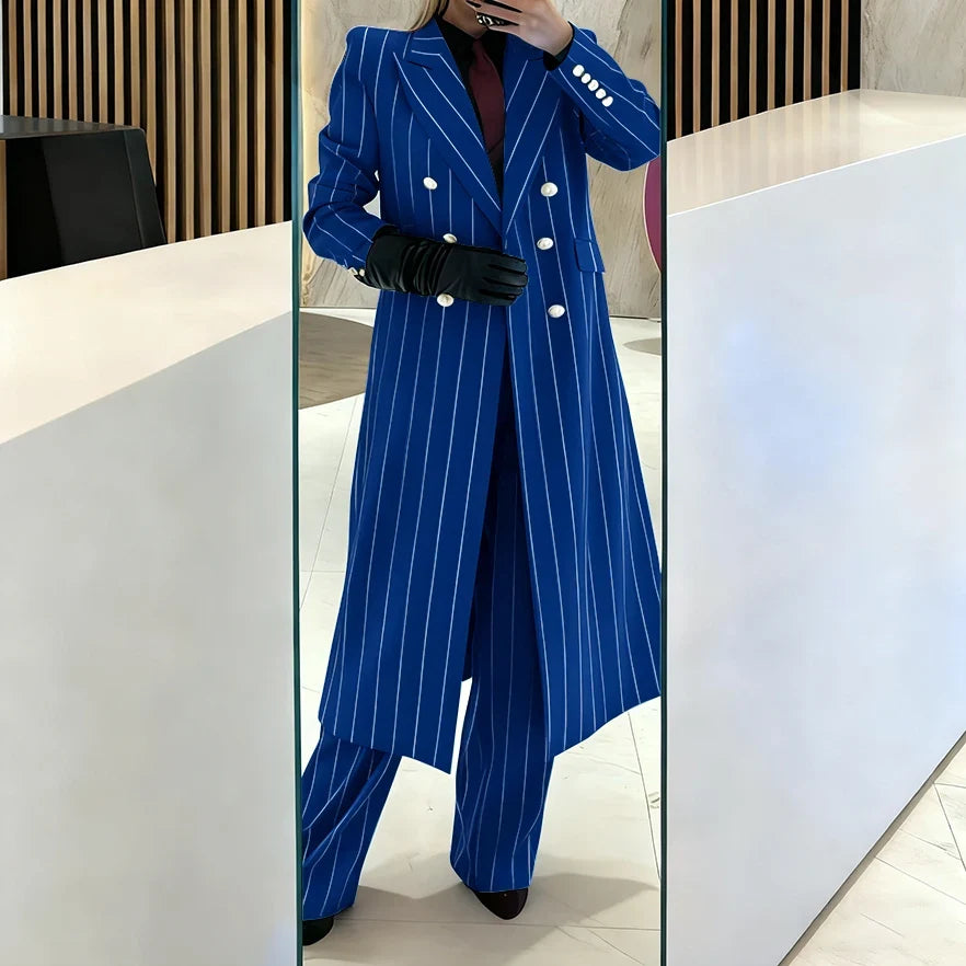 Burgundy Women's Suits Pinstripe Double Breasted Peaked Lapel Long Coat+Pants Set Elegant Formal Office Evening Party Outfit