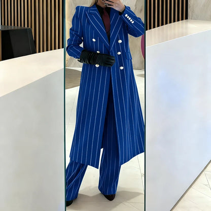 Burgundy Women's Suits Pinstripe Double Breasted Peaked Lapel Long Coat+Pants Set Elegant Formal Office Evening Party Outfit
