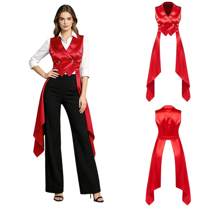 Women's Sleeveless Vests Satin Renaissance Victorian Costume Femme Tuxedo Waistcoat Vest Tailcoat Top Halloween Gothic Outfit