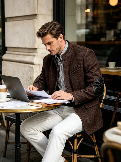 Vintage Men's Mandarin Collar Herringbone Tweed Blazer with Leather Elbow Patch Wool Blend Business Casual Slim Fit Suit Jackets