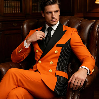 Men's Double Breasted Blazer Striped Patchwork Peak Lapel Slim Fit Formal Wedding Suit Jacket