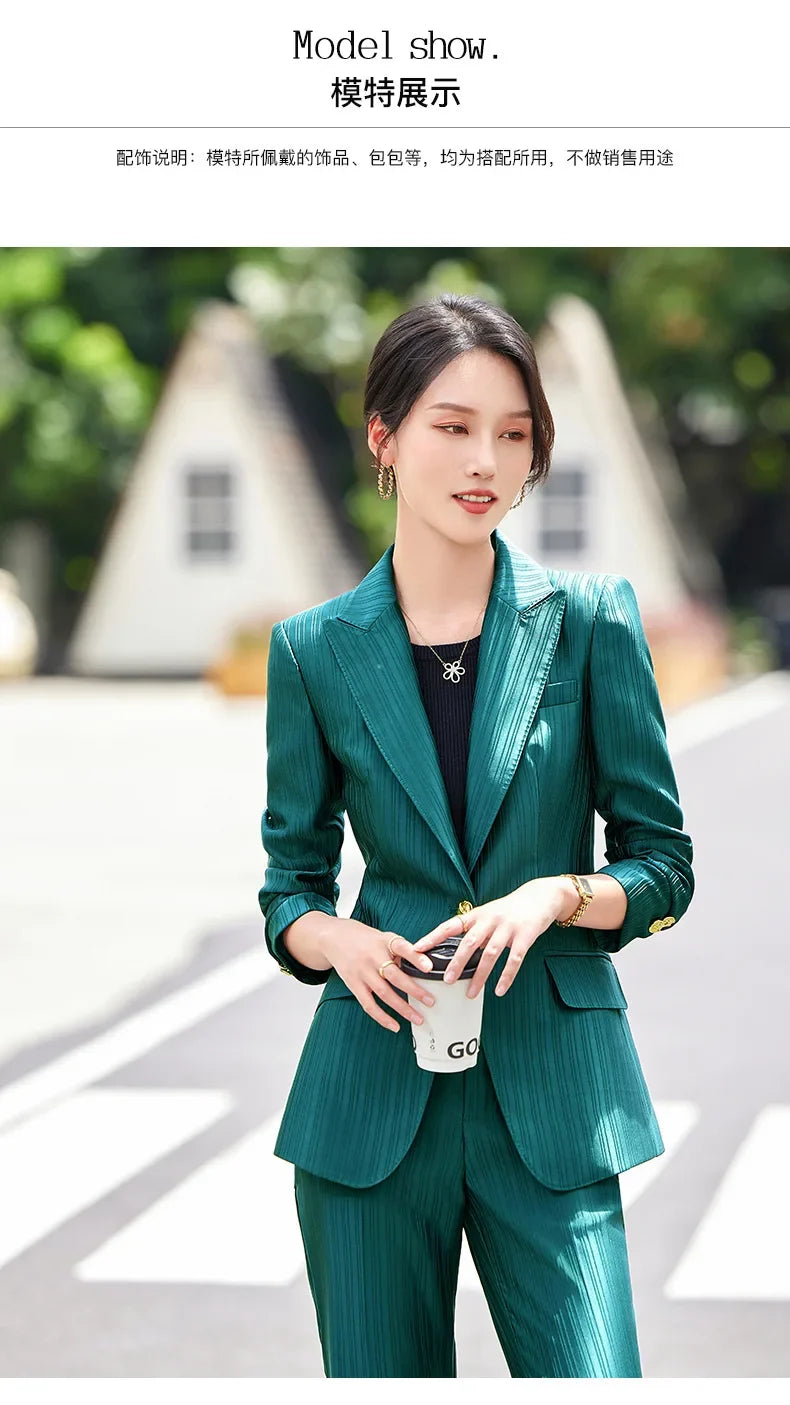 Professional Women's Suit2024New Autumn Green Striped Acetate Suit Workwear Elegant High-end Workplace Formal Wear
