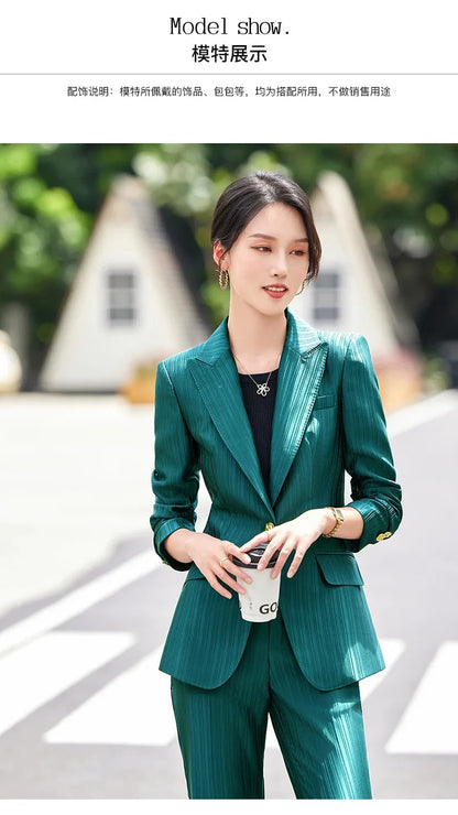 Professional Women's Suit2024New Autumn Green Striped Acetate Suit Workwear Elegant High-end Workplace Formal Wear