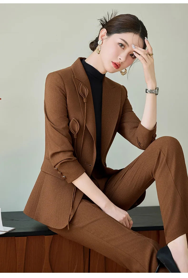 High End Khaki Elegant Fashion Two Piece Set Fashion Women Slim Single Button Blazer And Flare Pant Office Lady Work Wear