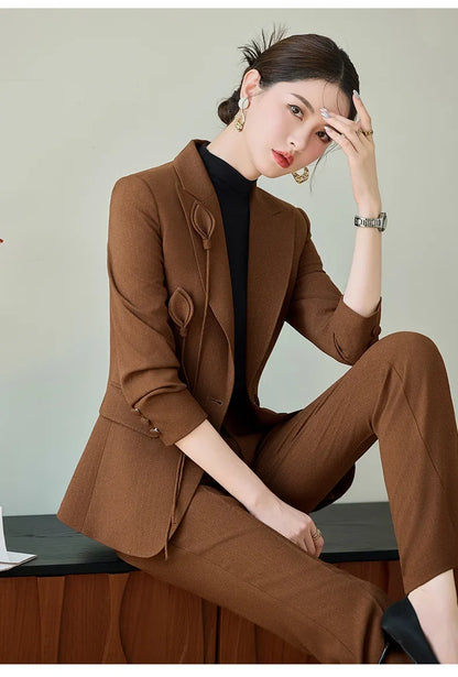 High End Khaki Elegant Fashion Two Piece Set Fashion Women Slim Single Button Blazer And Flare Pant Office Lady Work Wear