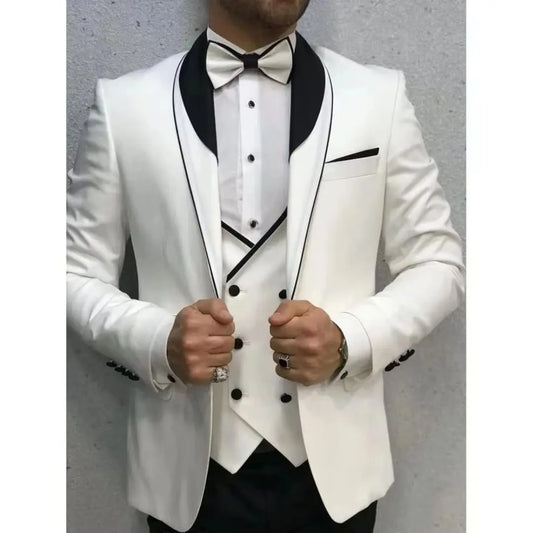 Elegant White 3 Piece Suit for Men Slim Fit Single Breasted Tailor Made Jacket Pants Vest Shawl Lapel Blazer Ropa Hombre