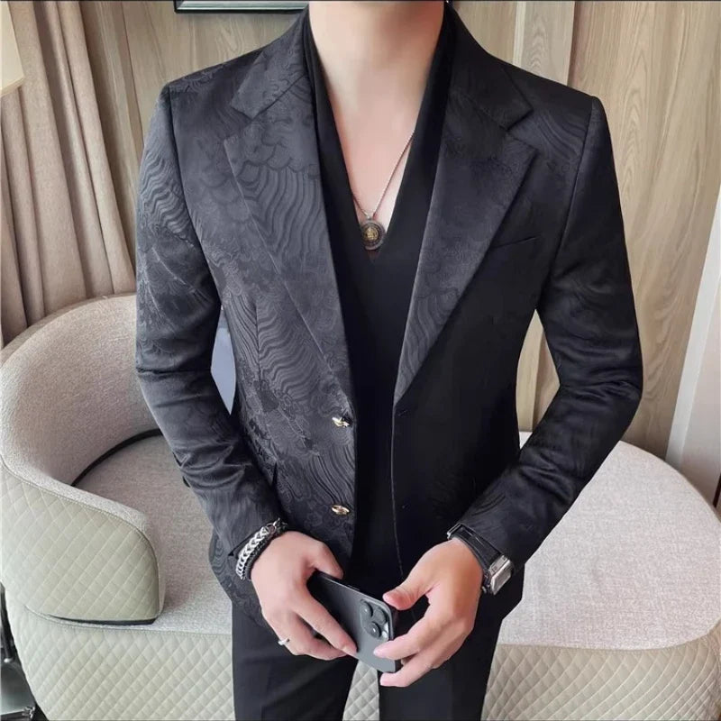 Luxury Jacquard Casual Suit Jacket for Men Autumn Korean Fashion Business Social Blazers Handsome Office Wedding Dress Jacket