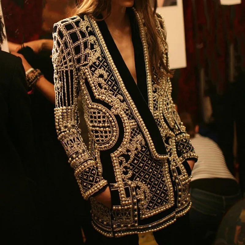 Autumn New Women's Elegant Fashion Luxury Heavy Craft Beaded Printed Coat Stylish V-neck Long Sleeve High-end Blazer HK8297