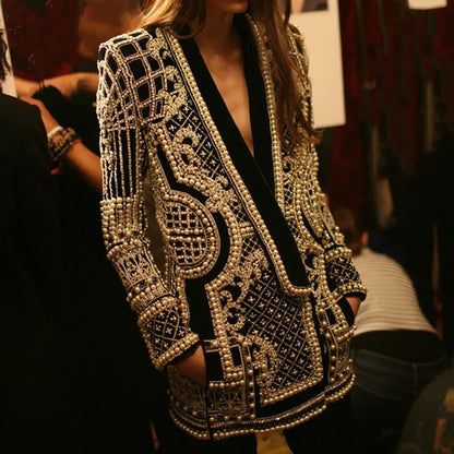 Autumn New Women's Elegant Fashion Luxury Heavy Craft Beaded Printed Coat Stylish V-neck Long Sleeve High-end Blazer HK8297