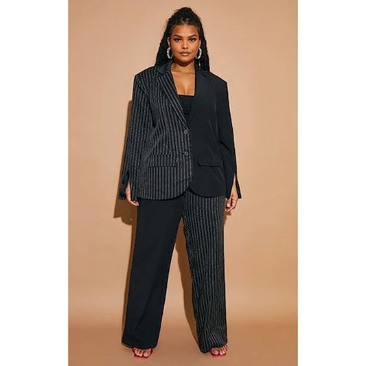 Black Women Suit Single-breasted Peaked Lapel Two Pieces(Jacket+Pants) Plus-size Striped and Solid Color Paneled Casual Set