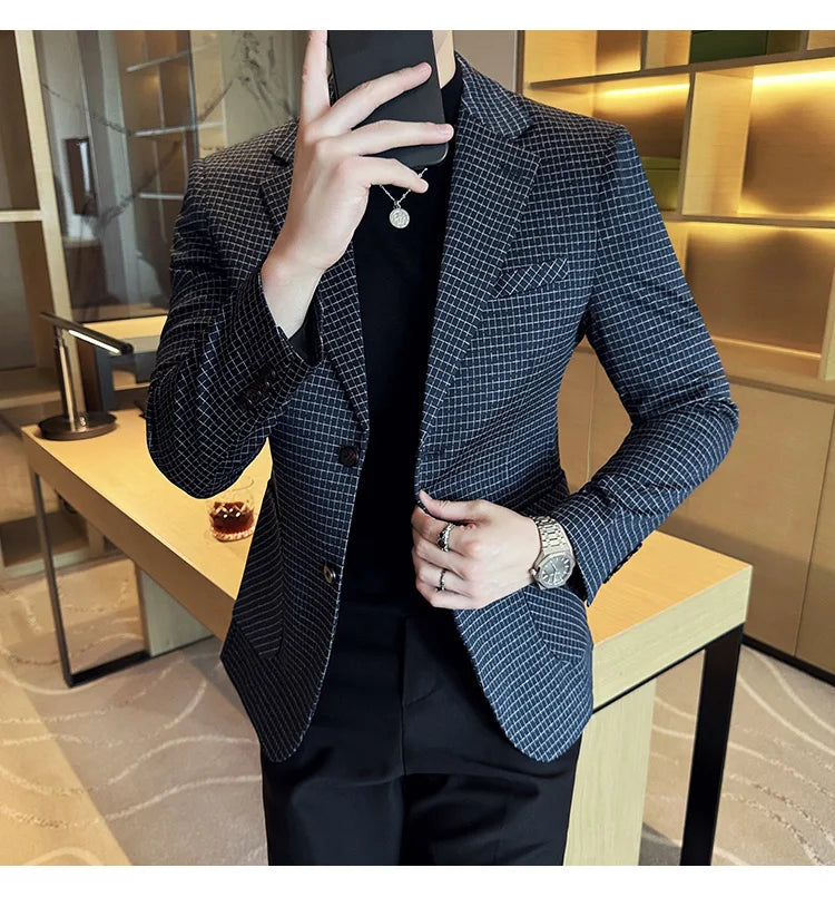 British Style Plaid Suit Jacket For Men 2025 New Business Casual Slim Blazer Formal Wedding Party Suit Dress Coats Men Clothing