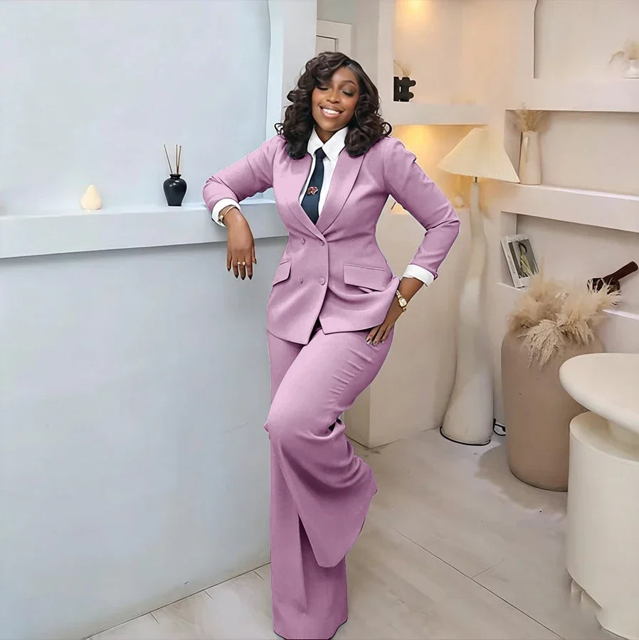 Classic Professional Burgundy Double Breasted Women's Suit Office Formal 2 Piece Jacket Pants Set Casual Daily Streetwear