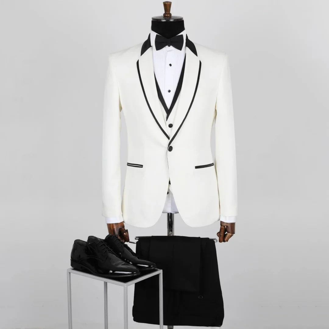Men Suit 3 Pieces White Black Single Button For Wedding Banquet Birthday Party Prom Business Work Daily Jacket Vest With Pants
