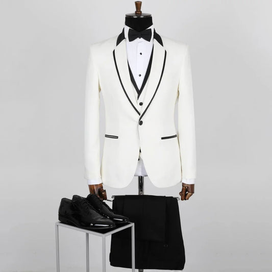 Men Suit 3 Pieces White Black Single Button For Wedding Banquet Birthday Party Prom Business Work Daily Jacket Vest With Pants