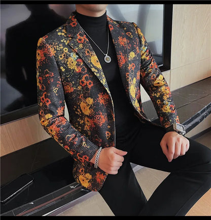 Luxury Art Jacquard Suit Jacket for Men Korean Version Business Casual Blazers Slim Fit Wedding Groom Social Dress Coats M-4XL